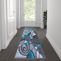 Flash Furniture ACD-RGTRZ860-27-TQ-GG Jubilee Collection 2' x 7' Turquoise Abstract Area Rug-Olefin Rug with Jute Backing - Hallway, Entryway, Bedroom, Living Room